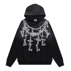VALEFOREVER Black Chain Letter Distressed Zip Up Hoodie