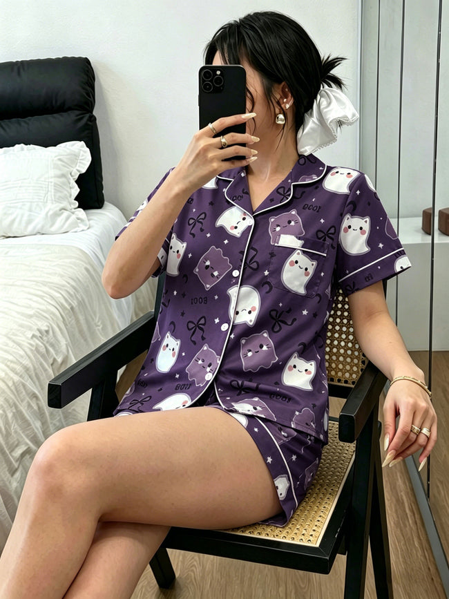 Cross border women's Halloween elf print European and American pajamas fashion casual lapel short sleeved shorts home suit set (2) Hover Image