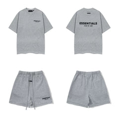 Fog Essentials Grey Printed T‑Shirt + Sweat Shorts Two‑Piece Casual Oversized Streetwear Set