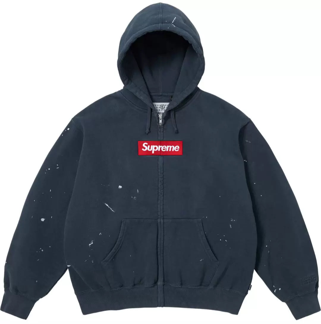 Supreme Navy Blue Box‑Logo Zip Jacket Paint Splatter Full‑Zip Hooded Street Top