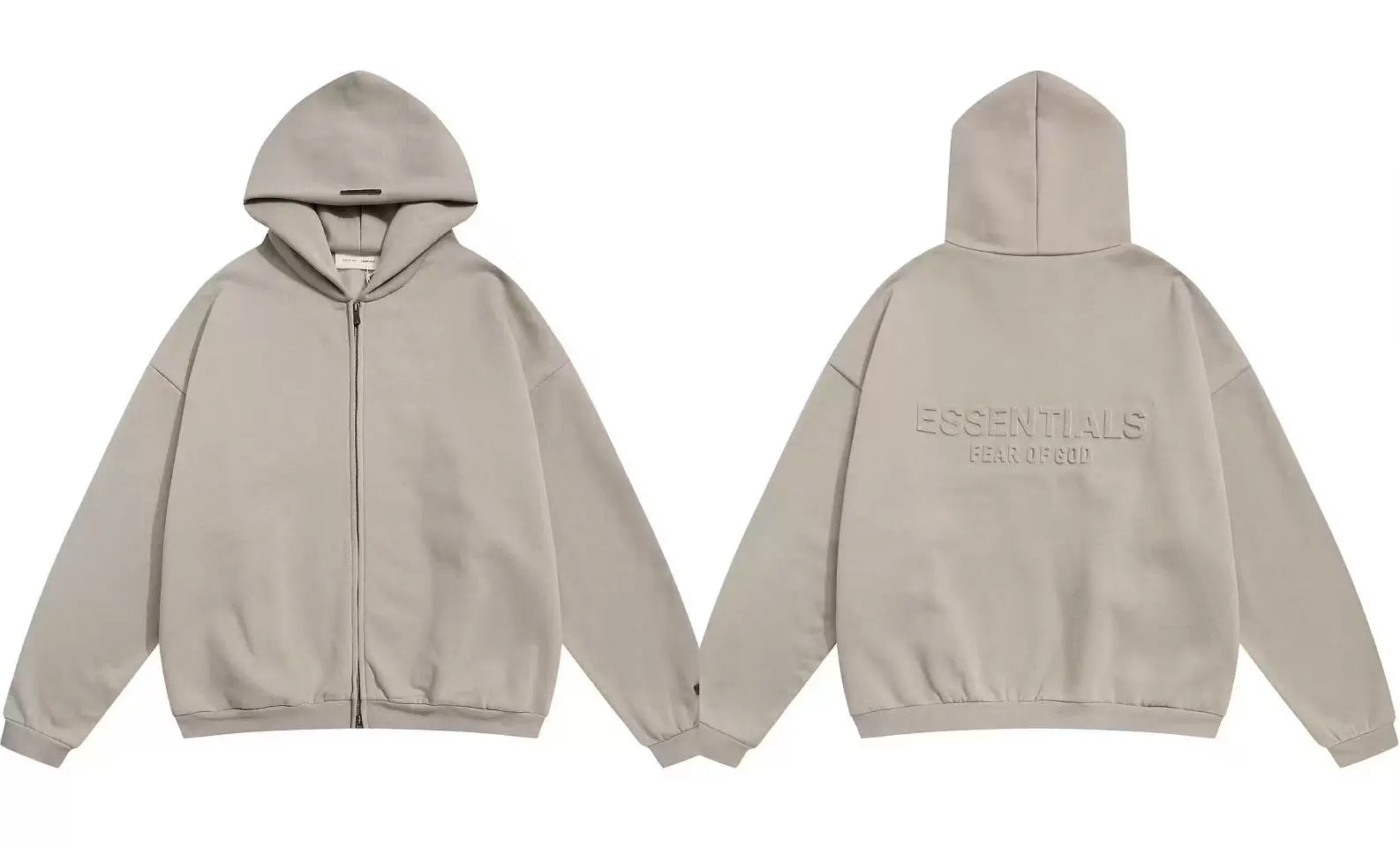 Fog Essentials Light Taupe Debossed Letter Back Zip‑Up Hoodie, Relaxed‑Fit Neutral Outerwear