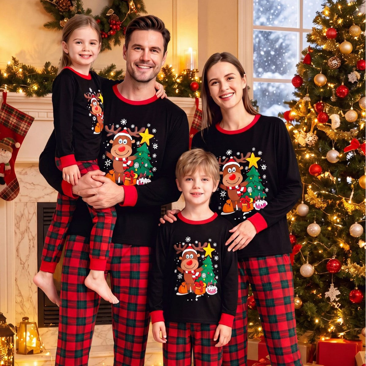 Cross border European and American Christmas autumn/winter parent-child fashion printed contrasting long sleeved pants family two-piece set pajamas