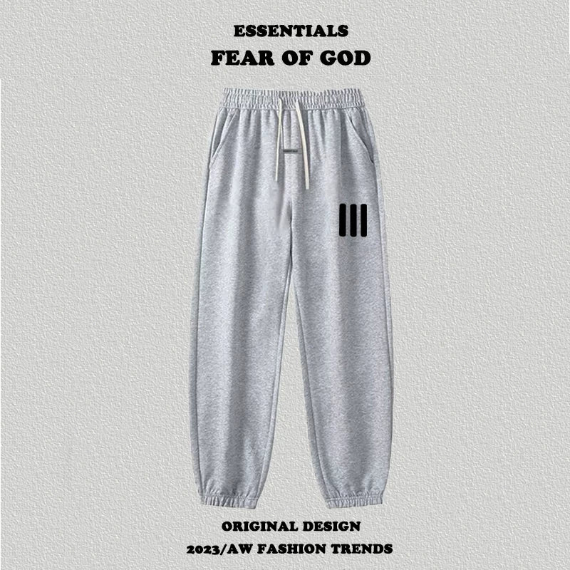 Fog Essentials Light Grey Fleece‑Lined Jogger Pants Black 3‑Strip Print Winter Casual Sweatpants