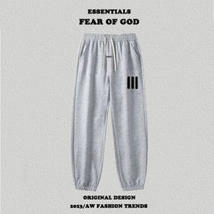 Fog Essentials Light Grey Jogger Pants Black Side Strip Print Hip‑Hop Sweatpants