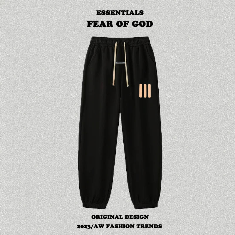 Fog Essentials Black Fleece‑Lined Jogger Pants Beige 3‑Strip Print Warm Streetwear Sweatpants