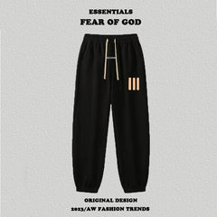 Fog Essentials Black Jogger Pants Beige Side Strip Graphic Casual Sweatpants