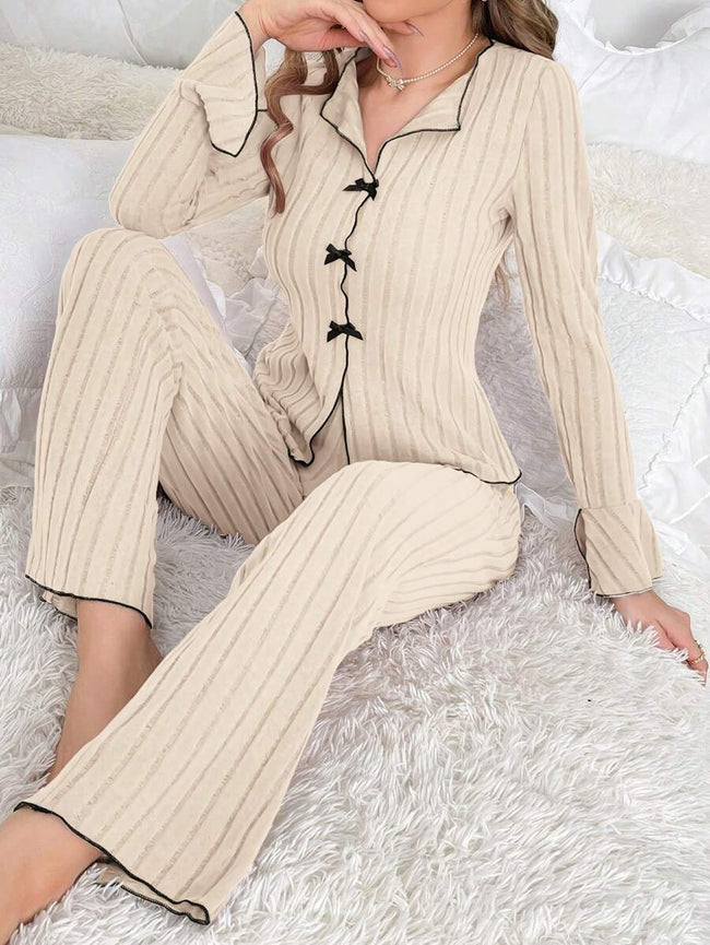 Beige Ribbed Bow-Tie Long Sleeve Pajama Set Hover Image