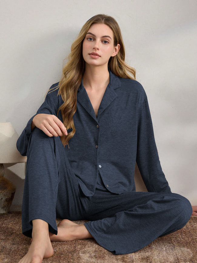 Navy Blue Knit Long Sleeve Button-Down Pajama Set Hover Image