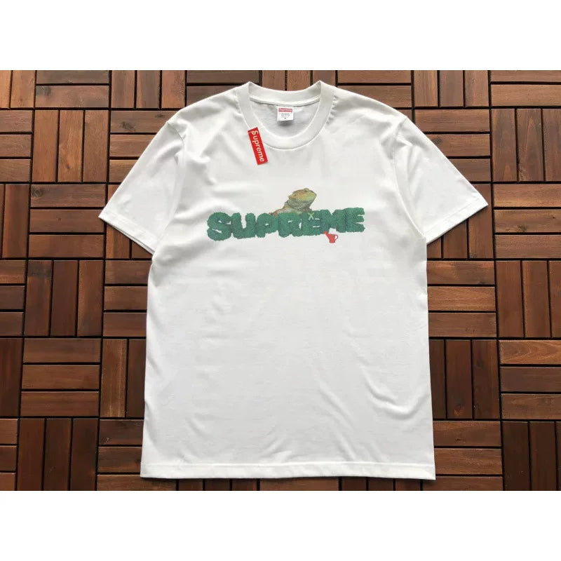 Supreme White Green Iguana Logo Short‑Sleeve T‑Shirt Casual Urban Hip‑Hop Tee