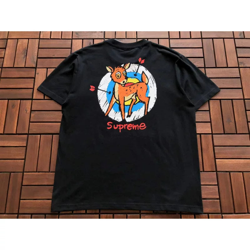 Supreme Black Colorful Deer Back‑Print Short‑Sleeve T‑Shirt Hip‑Hop Casual Tee
