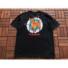 Supreme Black Colorful Deer Back‑Print Short‑Sleeve T‑Shirt Hip‑Hop Casual Tee
