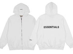 Fog Essentials White Oversized Full‑Zip Hoodie Bold Black Back “ESSENTIALS” Print