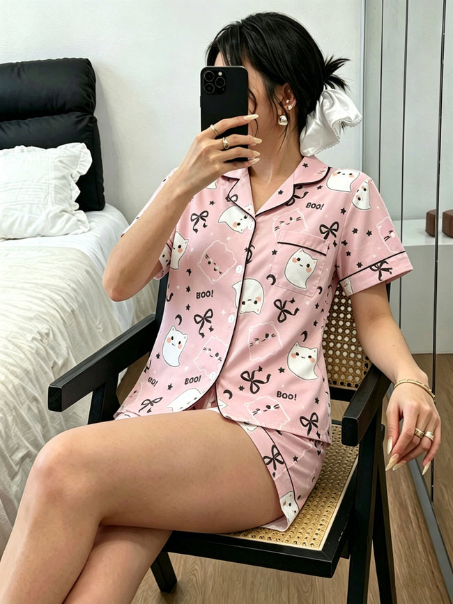 Cross border women's Halloween elf print European and American pajamas fashion casual lapel short sleeved shorts home suit set (1) Hover Image