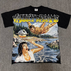VALEFOREVER Black Retro River Panic Movie Graphic Short Sleeve T-Shirt