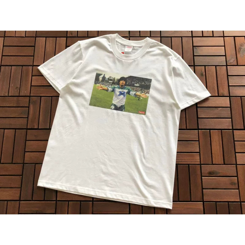 Supreme White Football Match Photo Graphic T‑Shirt Hip‑Hop Short Sleeve