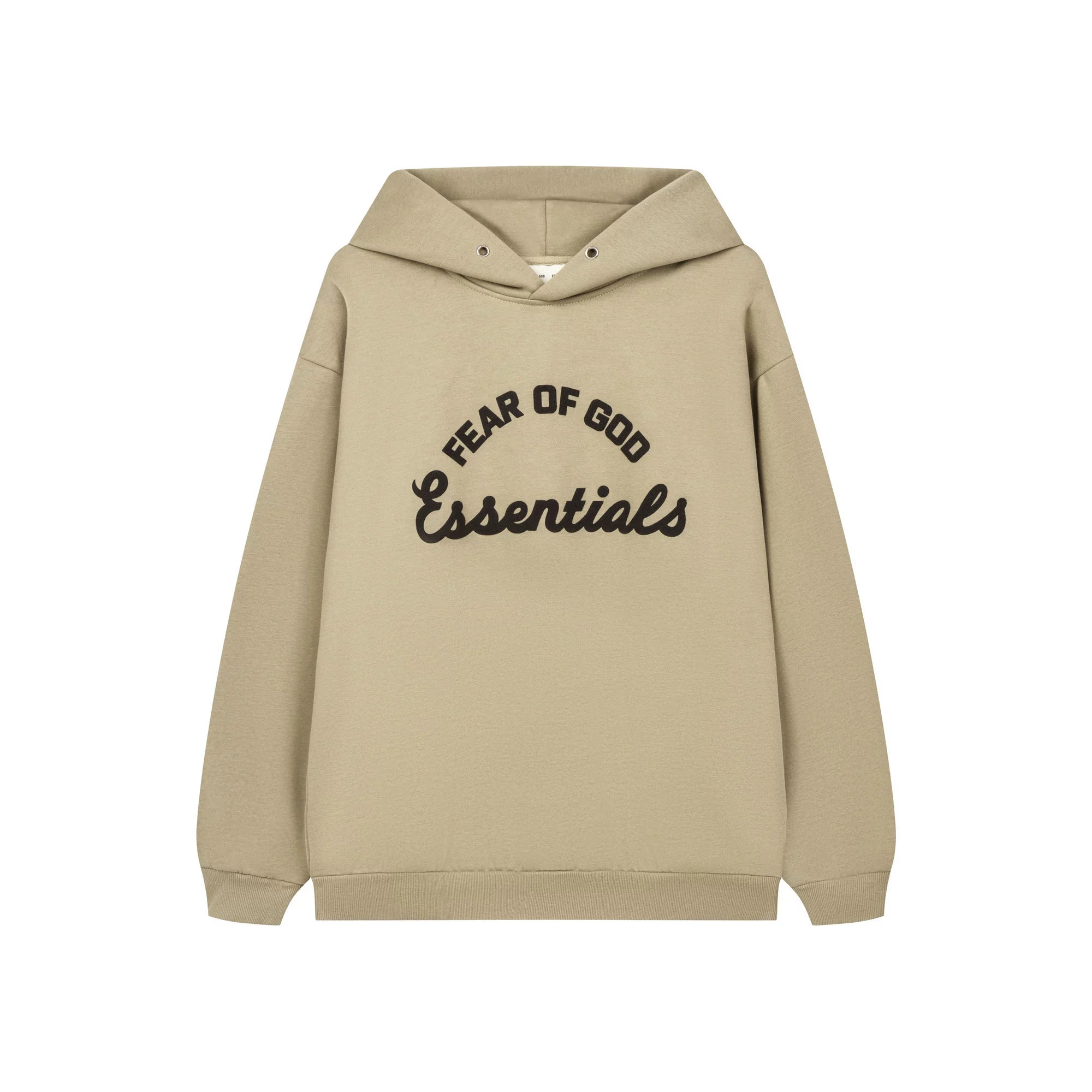 Fog Essentials Warm Neutral‑Tone Tan Loose‑Fit Pullover Hoodie With Chest Embroidery