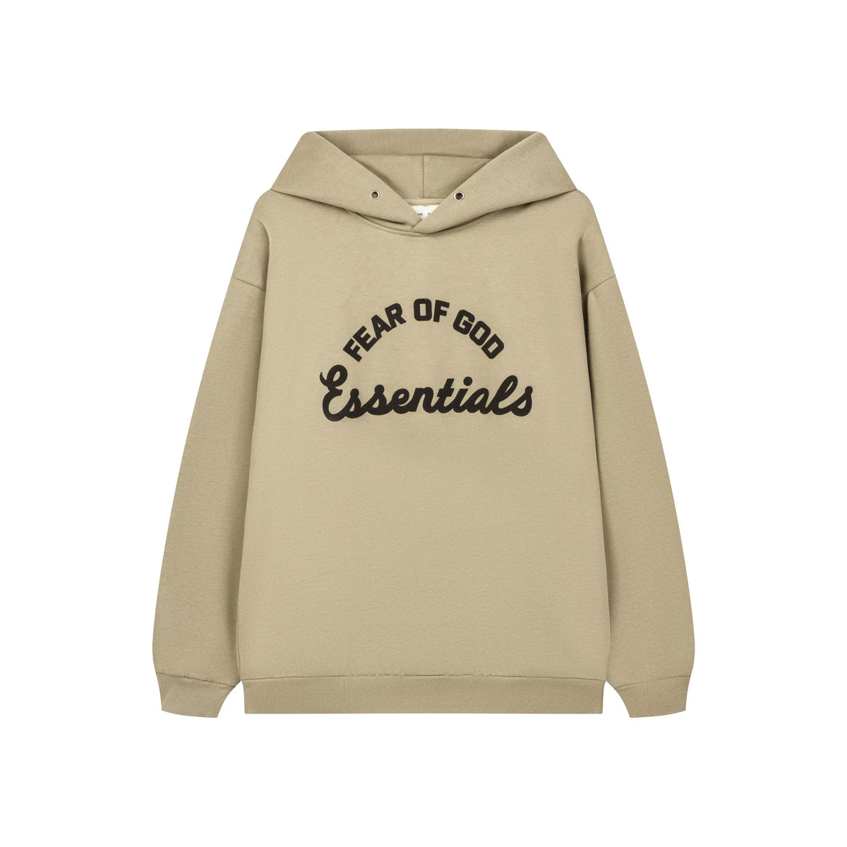 Fog Essentials Warm Neutral‑Tone Tan Loose‑Fit Pullover Hoodie With Chest Embroidery
