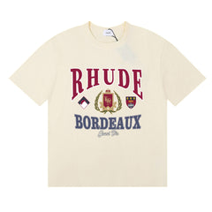 Rhude Bordeaux Grand Vin Crest Emblem Vintage Graphic Cream Short Sleeve T‑Shirt