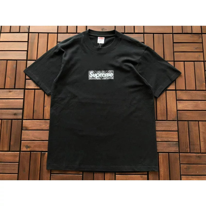 Supreme Black Pattern Box Logo Short‑Sleeve T‑Shirt Minimal Hip‑Hop Street Top