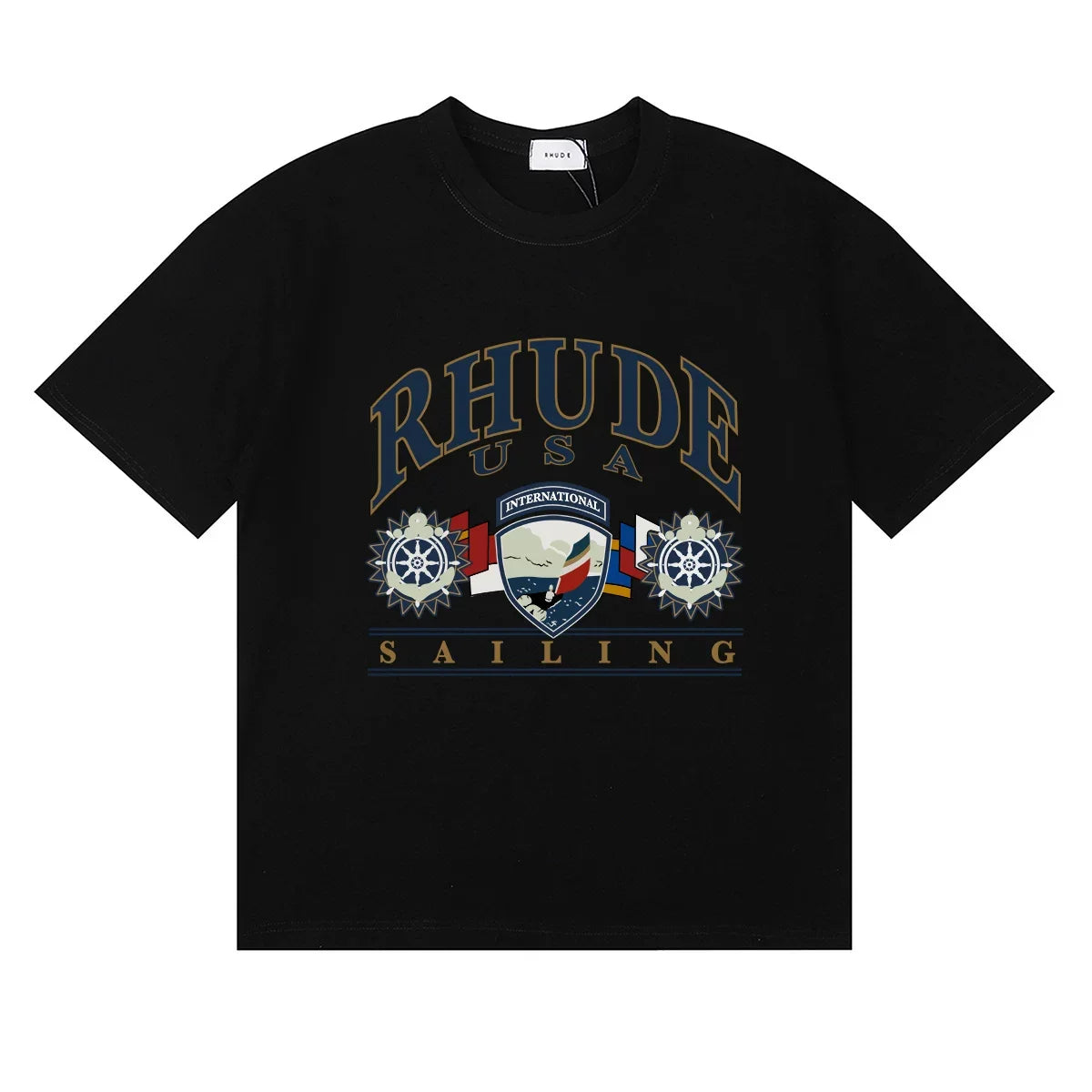 Rhude USA Sailing Crest Graphic Black Short Sleeve T‑Shirt