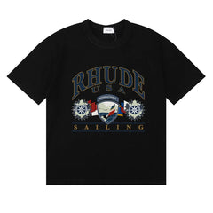 Rhude USA Sailing Crest Graphic Black Short Sleeve T‑Shirt