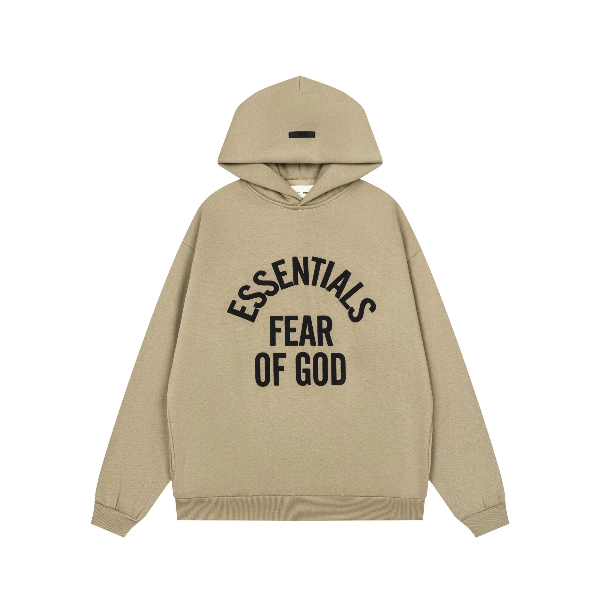 Fog Essentials Khaki Relaxed‑Fit Graphic Print Hooded Sweatshirt Unisex Pullover