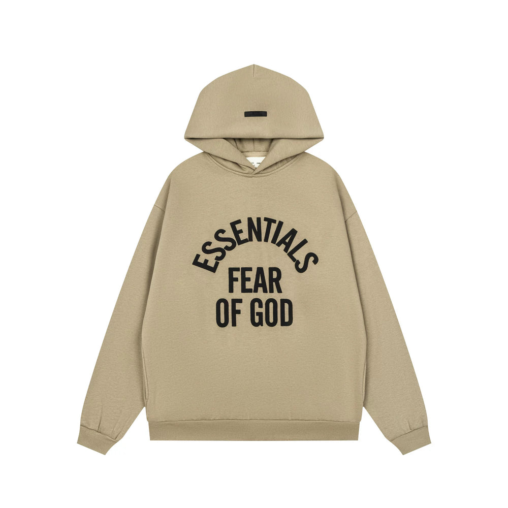 Fog Essentials Khaki Relaxed‑Fit Graphic Print Hooded Sweatshirt Unisex Pullover