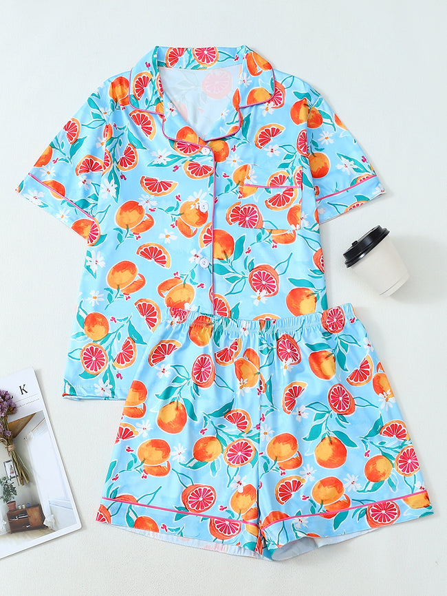 European and American cross-border new cardigans, pajamas, fashionable fruit prints, casual cardigans, short sleeved shorts, home clothes set for women (2) Hover Image