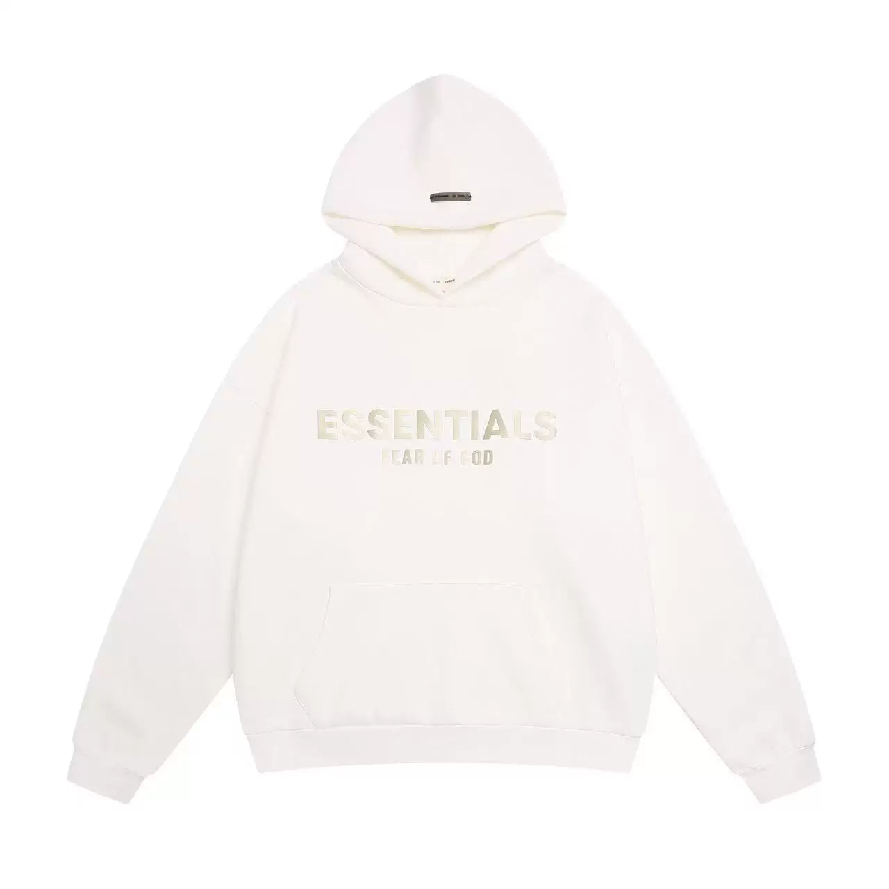 Fog Essentials Cream Off‑White Subtle Metallic Logo Hoodie, Relaxed‑Fit Neutral Pullover Sweatshirt