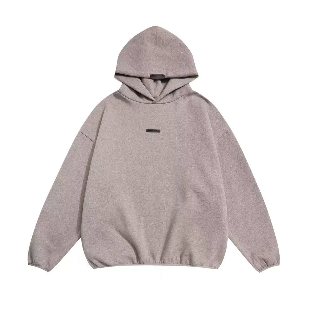 Fog Essentials Dusty Mauve Small‑Label Minimalist Hoodie, Loose‑Fit Plain Hooded Pullover