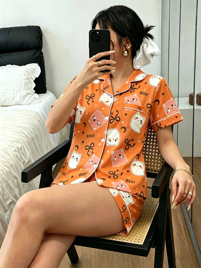 Cross border women's Halloween elf print European and American pajamas fashion casual lapel short sleeved shorts home suit set (3) Hover Image