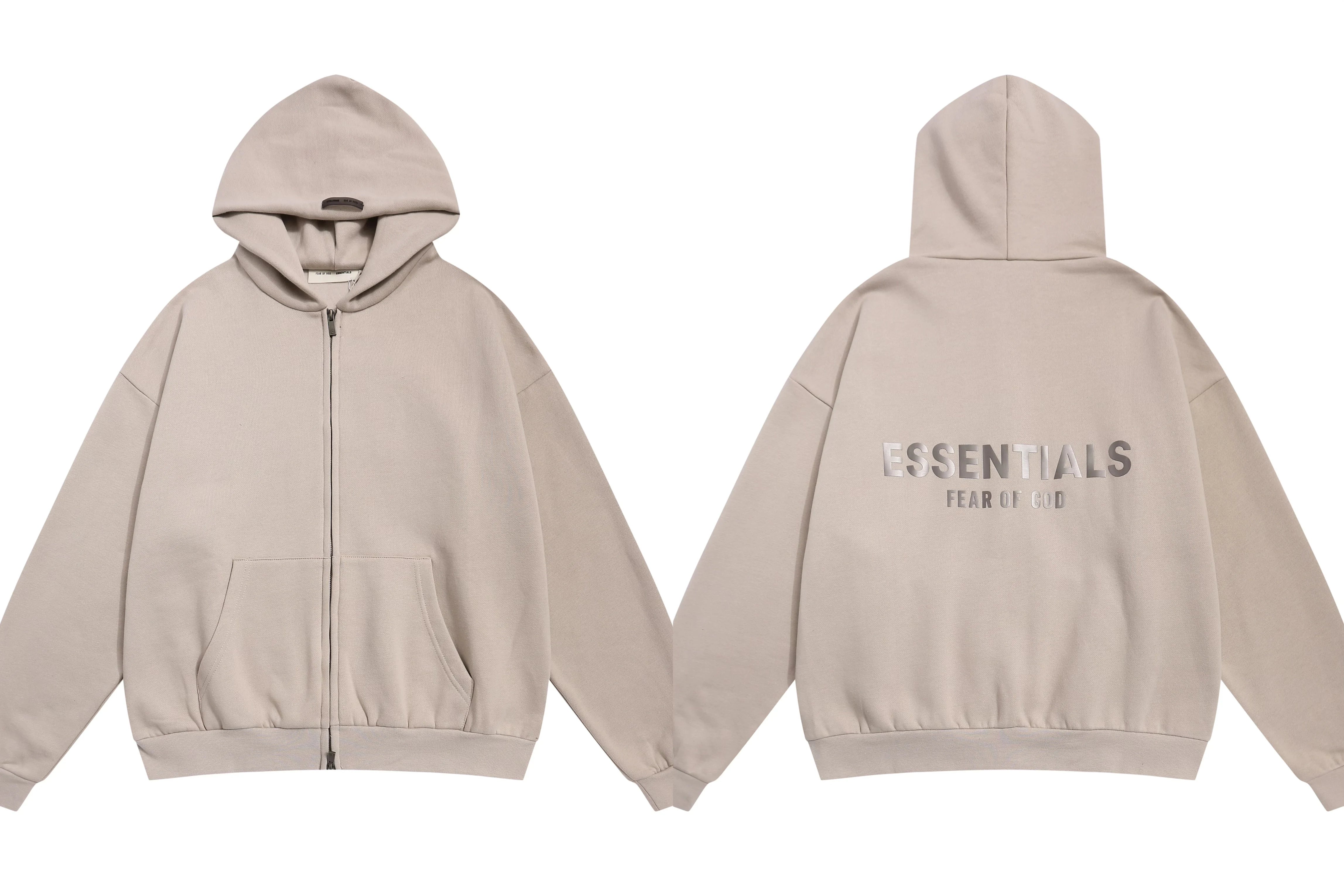 Fog Essentials Light Taupe Zip‑Up Hoodie, Metallic Silver Back Logo Oversized Street Jacket