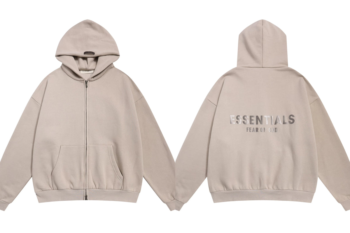 Fog Essentials Light Taupe Zip‑Up Hoodie, Metallic Silver Back Logo Oversized Street Jacket