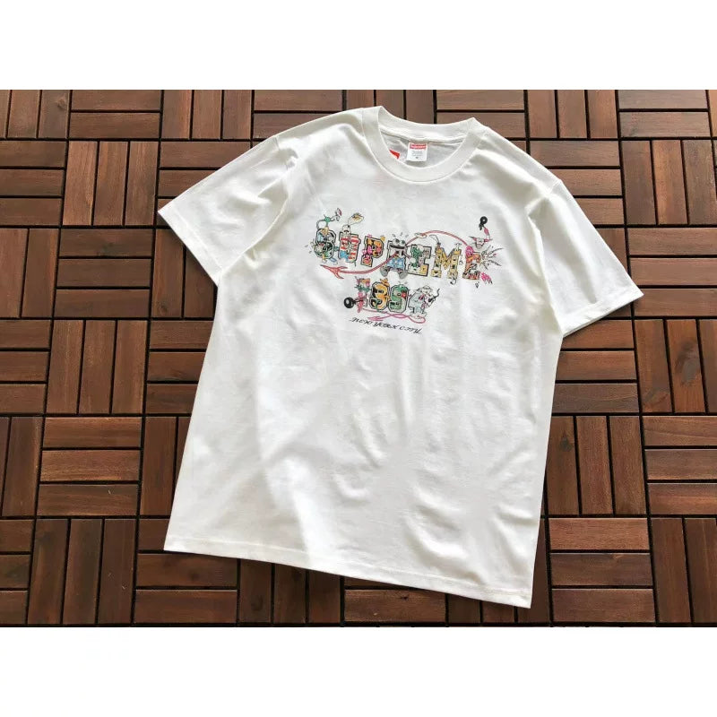 Supreme White Graffiti Logo Short‑Sleeve T‑Shirt Hip‑Hop Street Top