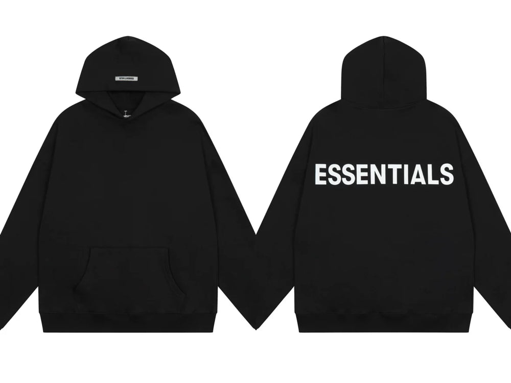 Fog Essentials Black Oversized Hoodie With Bold White ESSENTIALS Chest Logo