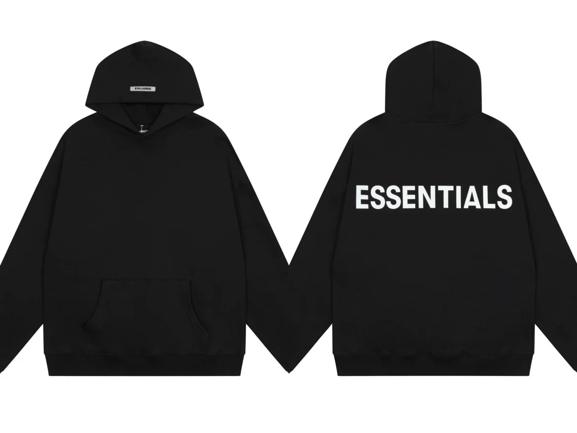 Fog Essentials Black Oversized Hoodie With Bold White ESSENTIALS Chest Logo