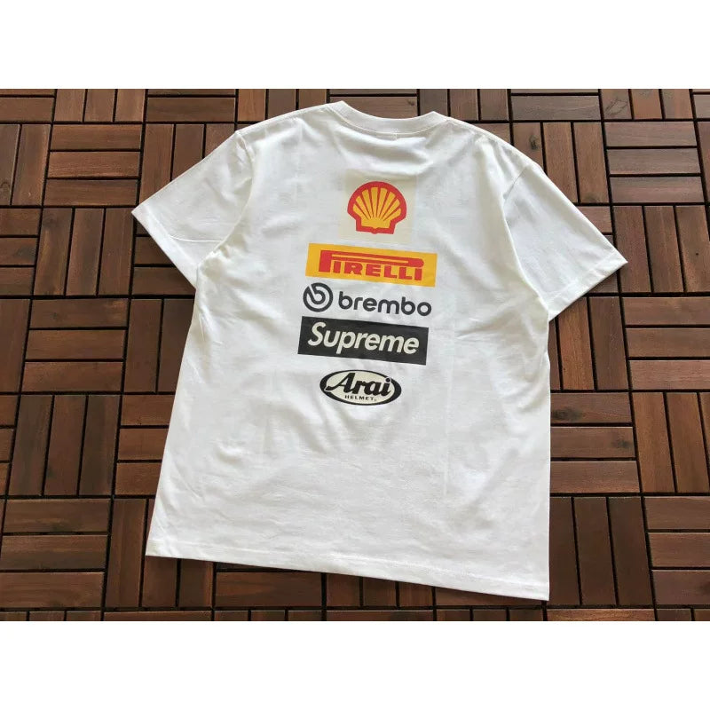Supreme White Racing Team Multi‑Logo Back Print Short‑Sleeve T‑Shirt Street‑Wear Tee