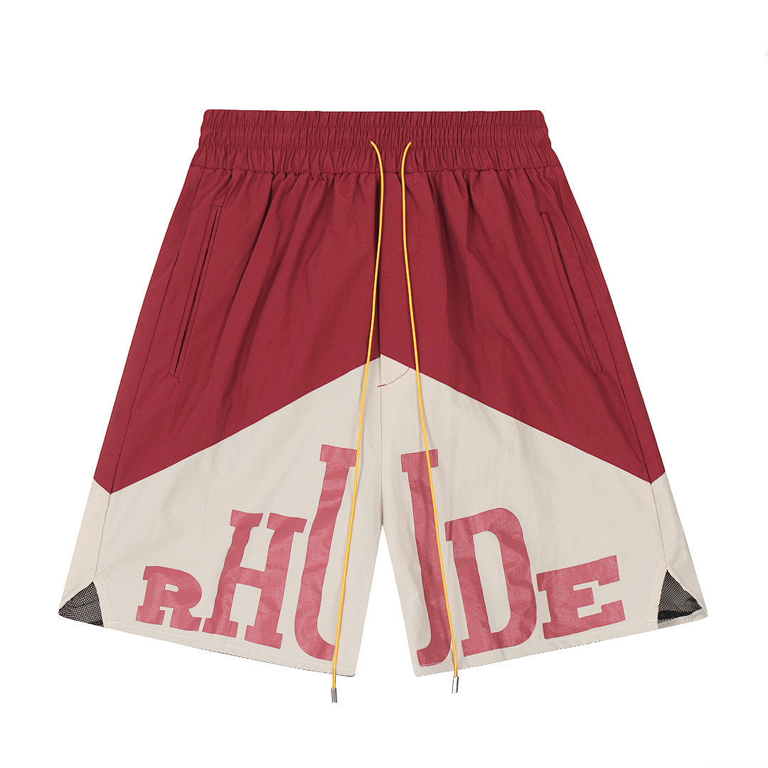 Rhude Chevron Color‑Block Split Logo Yellow Drawstring Streetwear Shorts