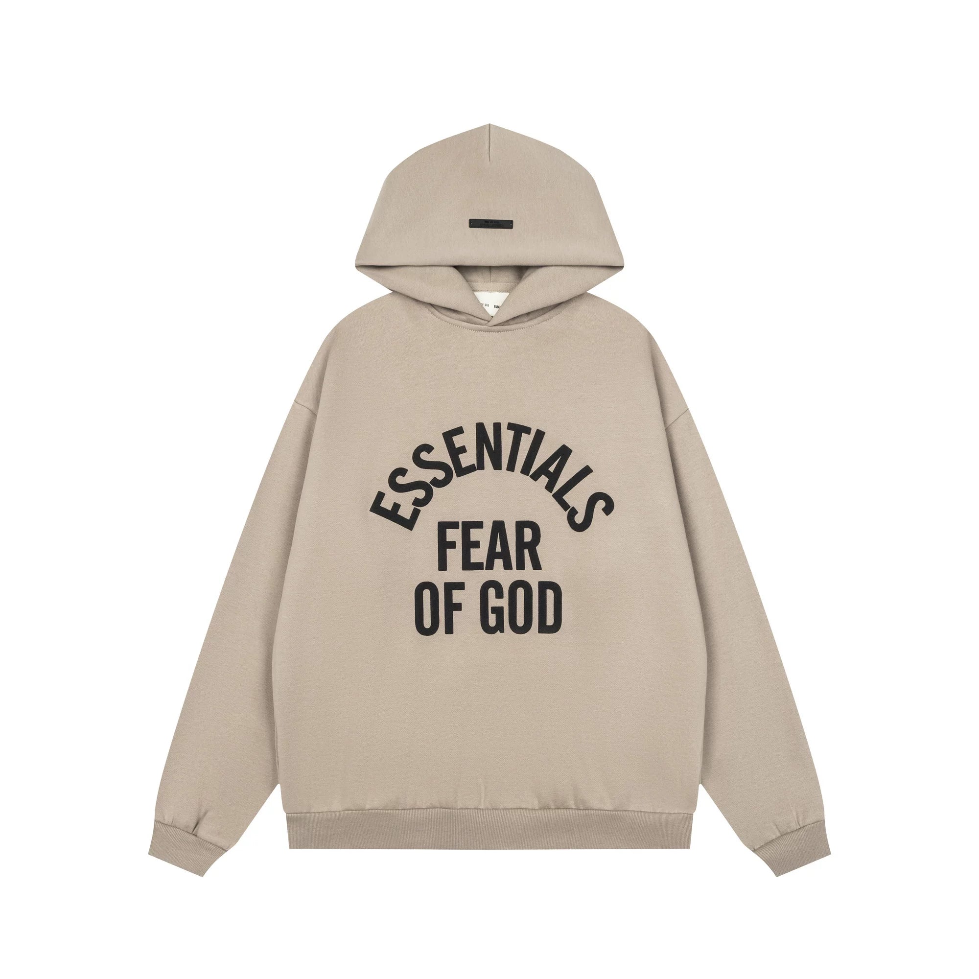 Fog Essentials Beige Oversized Arch Logo Pullover Hoodie Drop‑Shoulder Street Sweatshirt