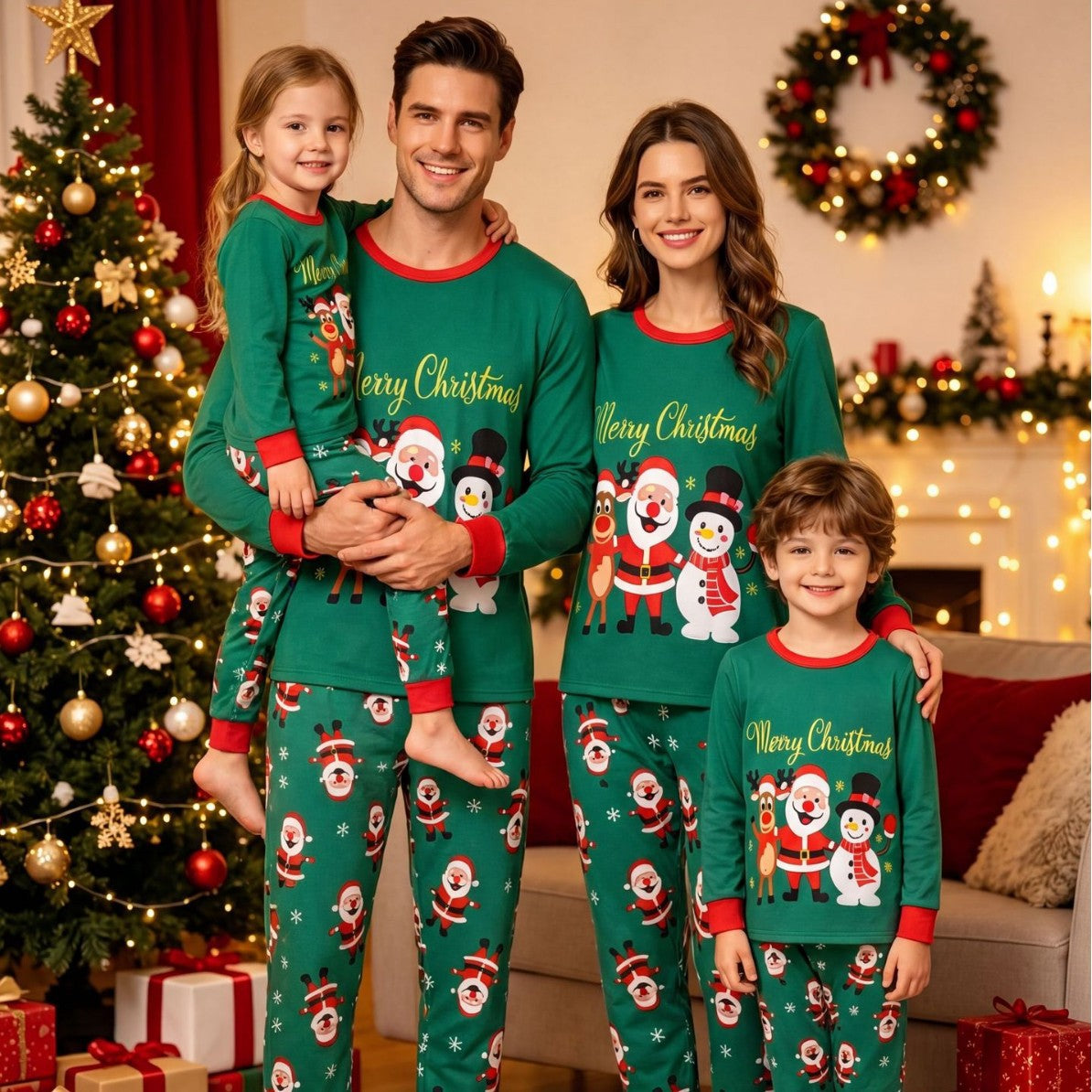 Amazon's new Christmas European and American parent-child family pajamas set, fashionable round neck printed trendy mother and child home clothes