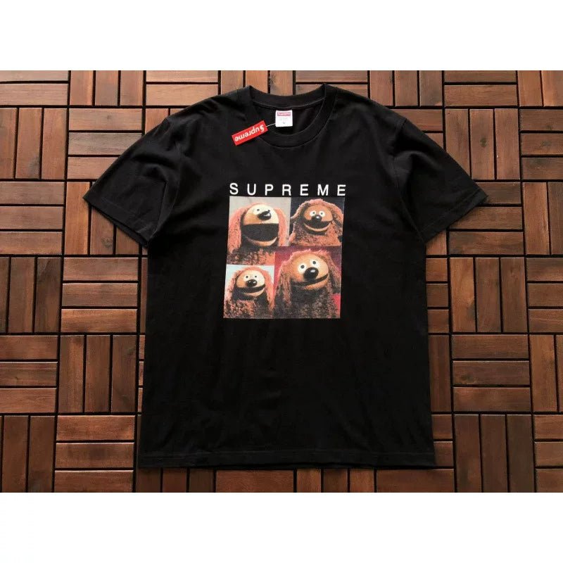 Supreme Black Puppy Grid Graphic T‑Shirt Casual Hip‑Hop Short‑Sleeve Tee