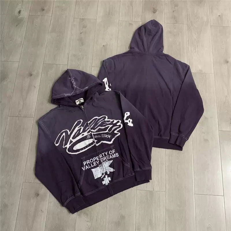 VALEFOREVER Purple Gradient Script Graphic Zip Up Hoodie