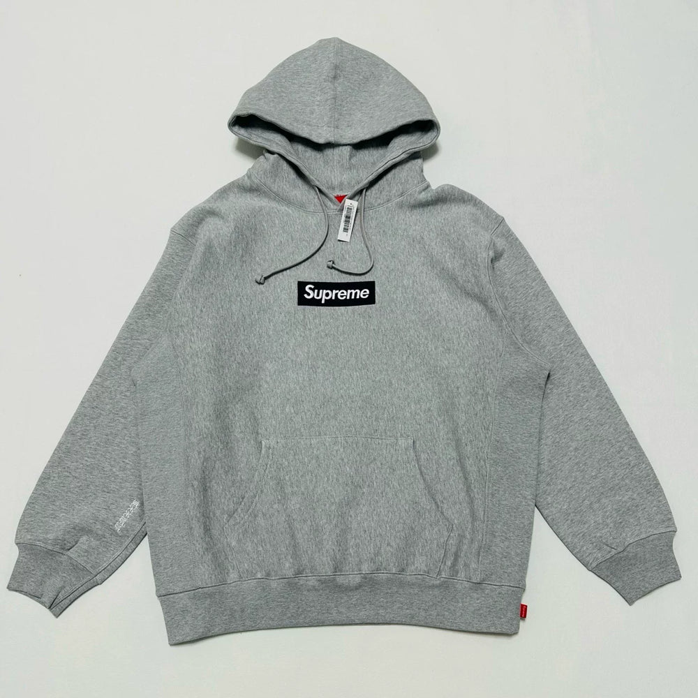Supreme Heather Grey Box‑Logo Pullover Hoodie Black Chest Badge Logo Casual Street‑Wear Top