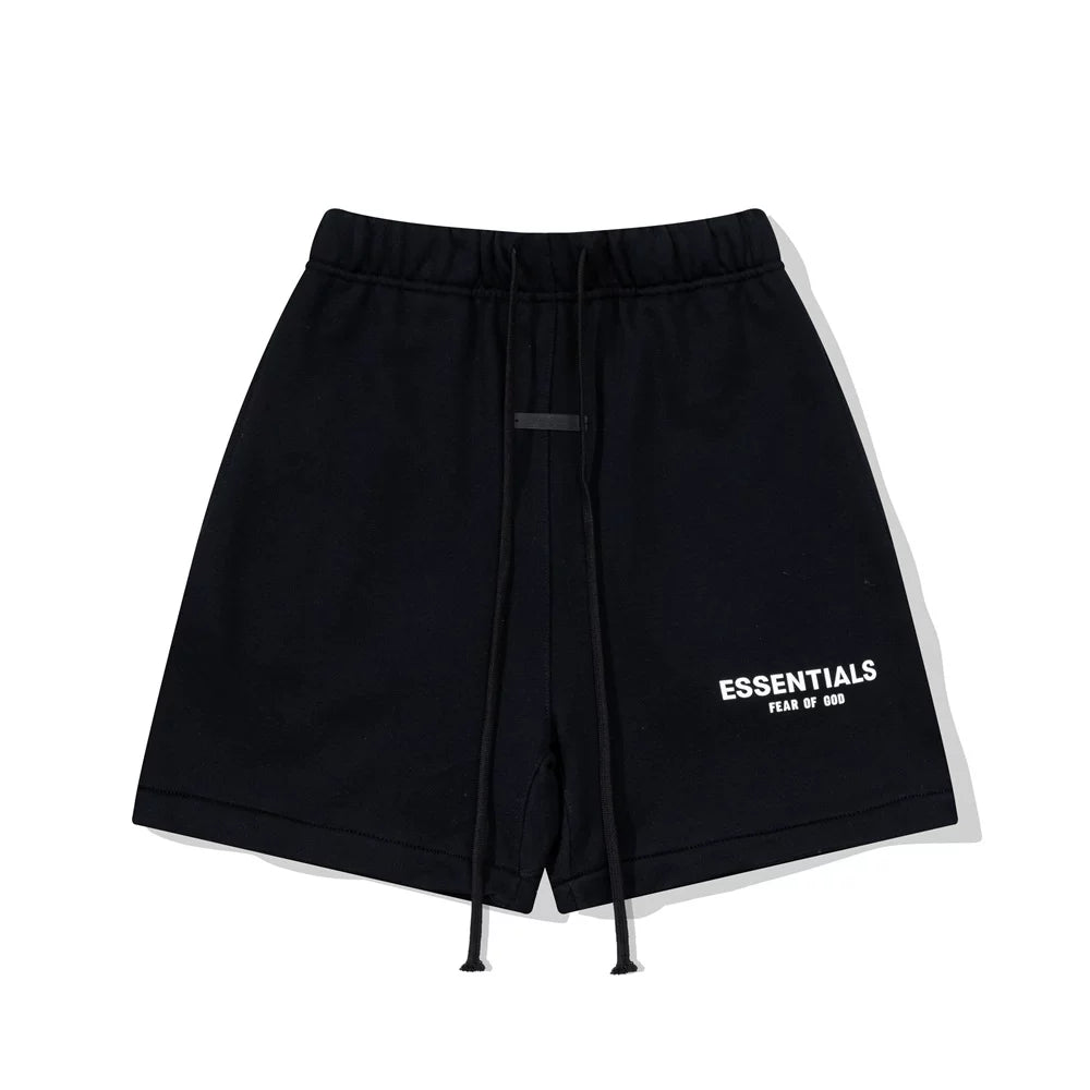 Fog Essentials Black Elastic Waist Drawstring White Logo Print Casual Street‑Wear Sweat Shorts