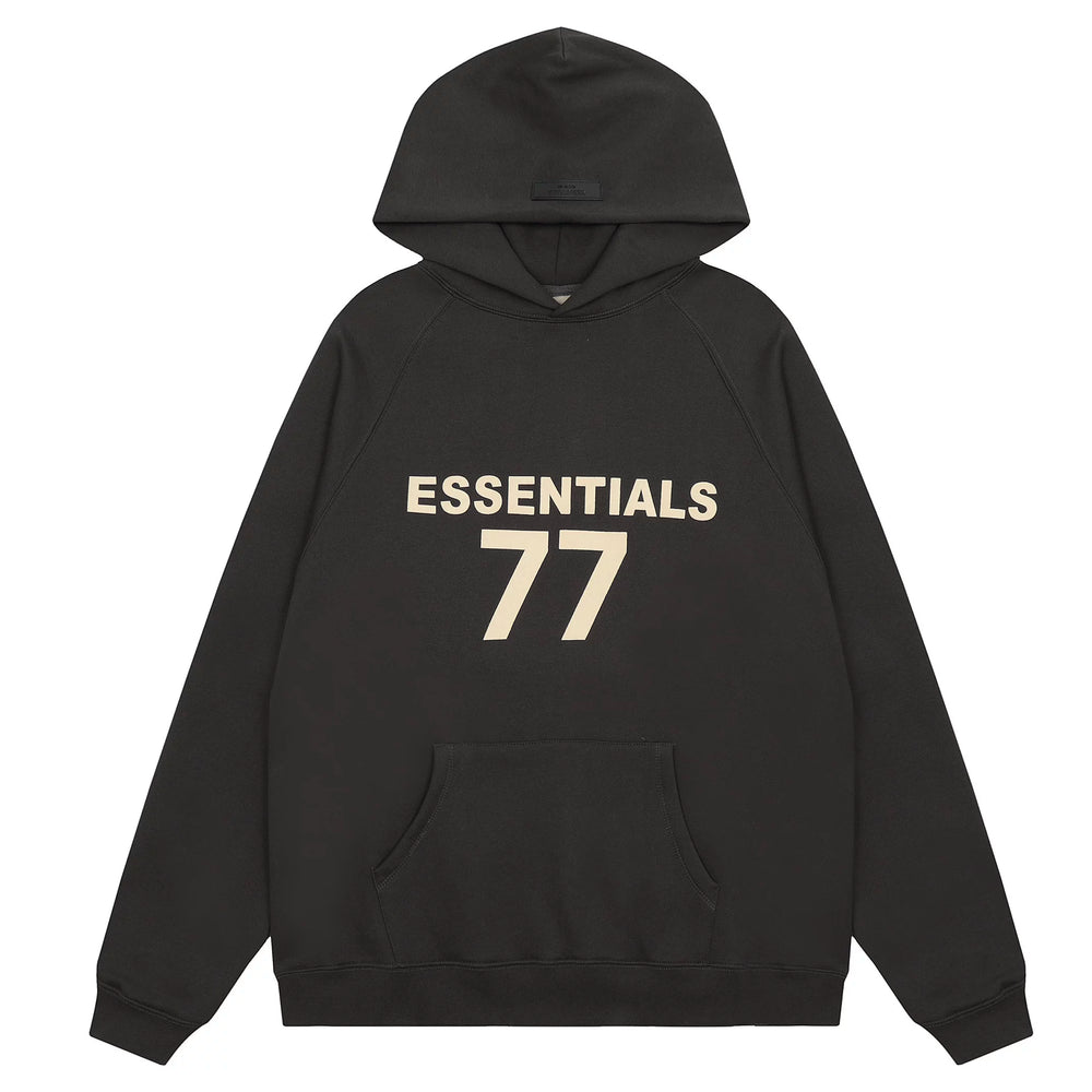 Fog Essentials Black Oversized Hoodie “ESSENTIALS 77” Chest Logo