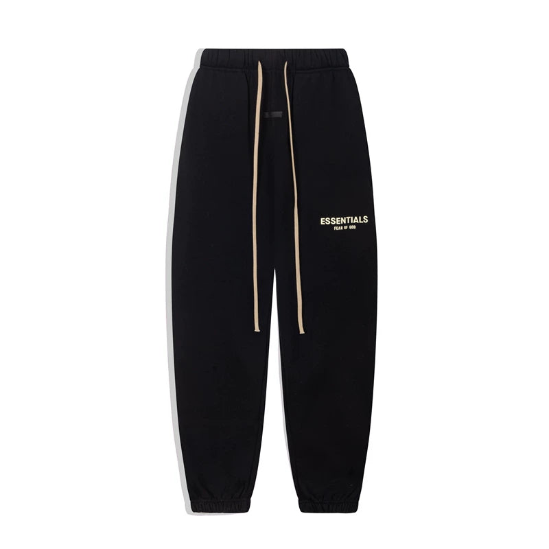 Fog Essentials Cream‑Logo Black Contrast‑Drawstring Baggy Street‑Wear Jogger Pants