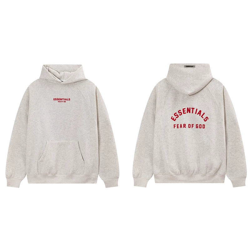 Fog Essentials Oatmeal Cream Fleece‑Lined Oversized Pullover Hoodie Arch Red Logo