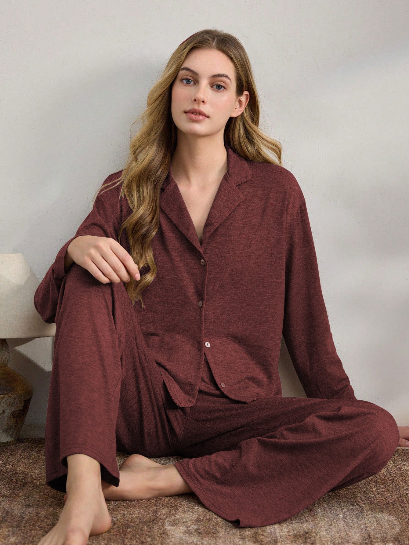 Burgundy Knit Long Sleeve Button-Down Pajama Set