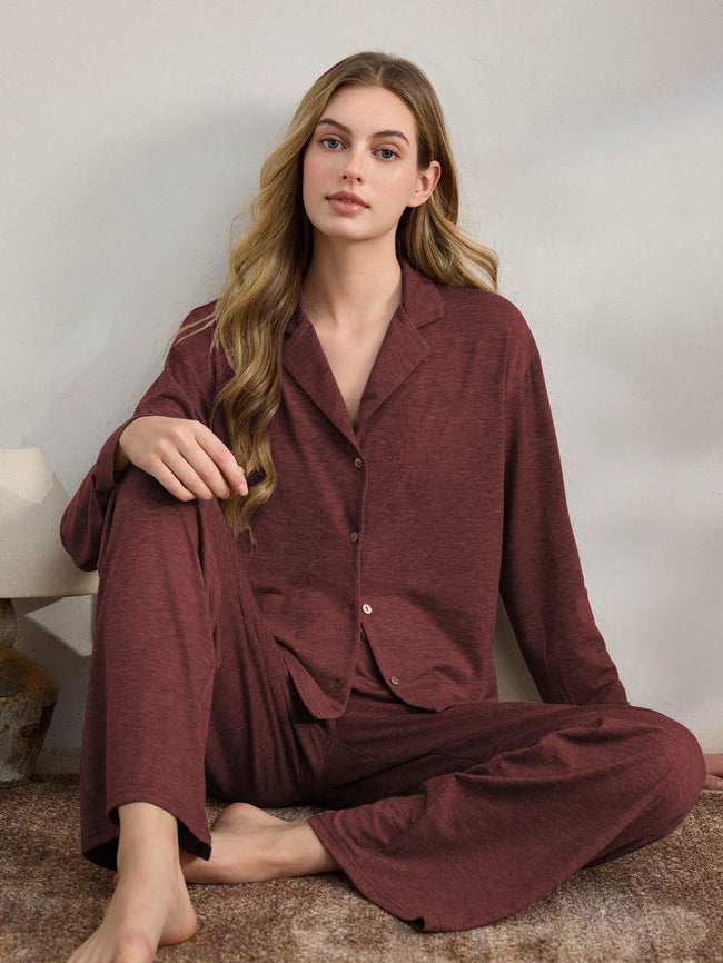 Burgundy Knit Long Sleeve Button-Down Pajama Set Hover Image