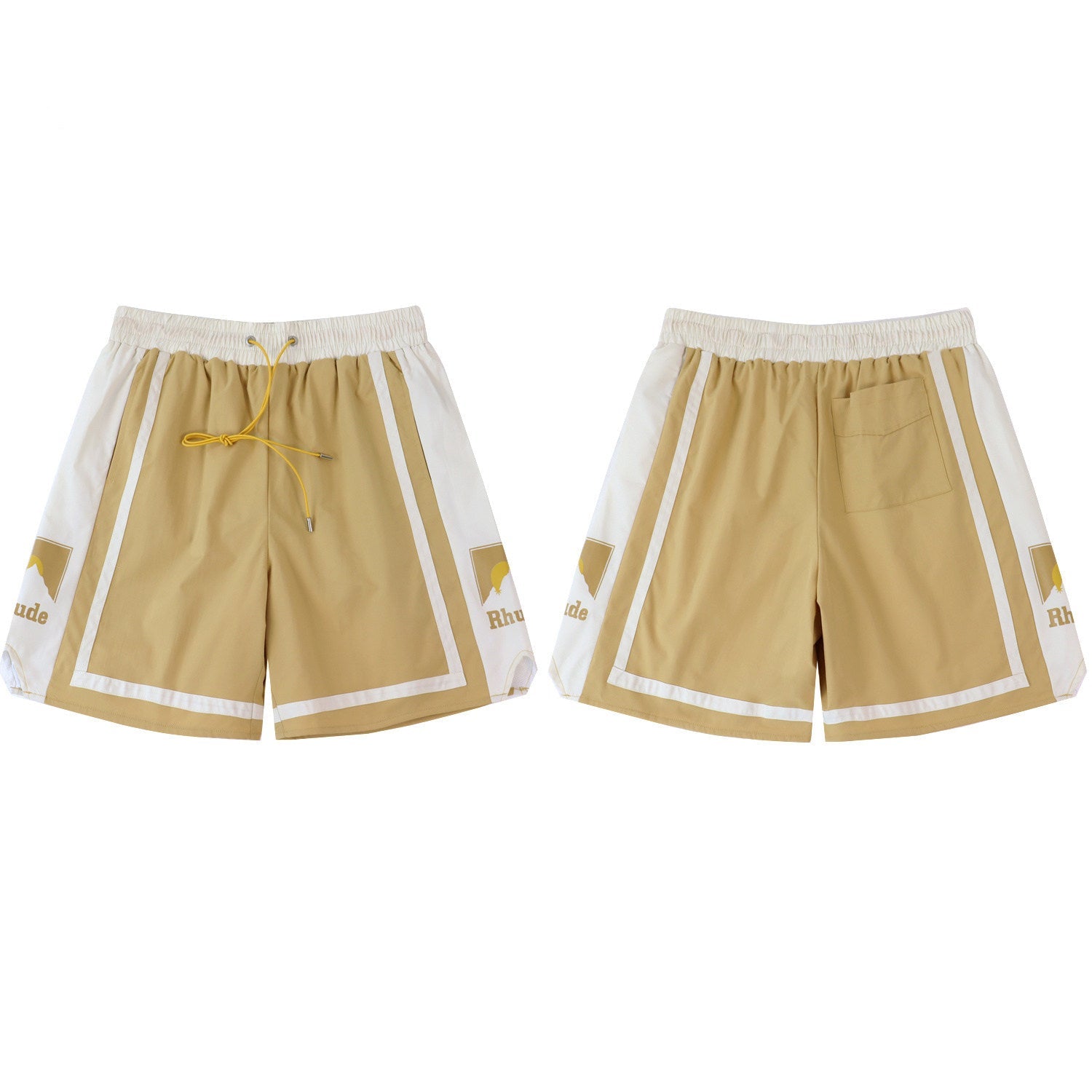 Rhude Khaki‑Off‑White Color‑Block Mountain Logo Drawstring Streetwear Shorts